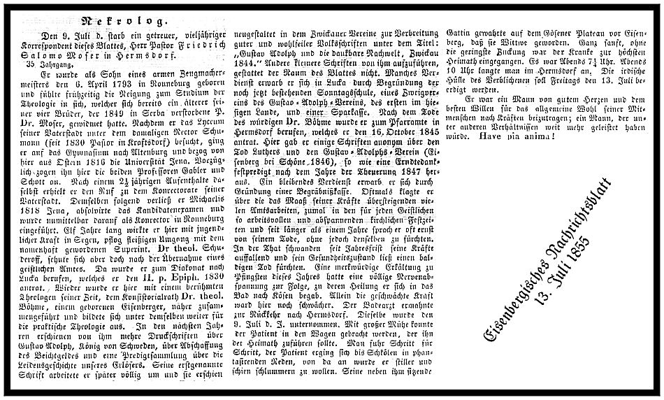 Eisenbergisches Nachrichtsblatt vom 13.07.1855 zu Salomo Moser